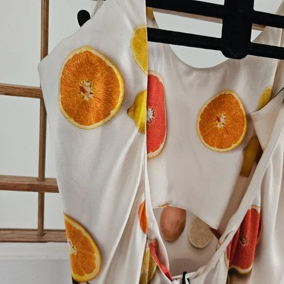 Lunya Washable Silk Bias Slip Dress in Main Squeeze Orange Print Medium